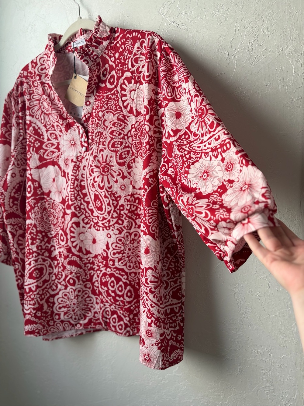 Cherrybetty Red Pink Floral Paisley Ruffle Blouse Tunic 3XL - Picture 4 of 8